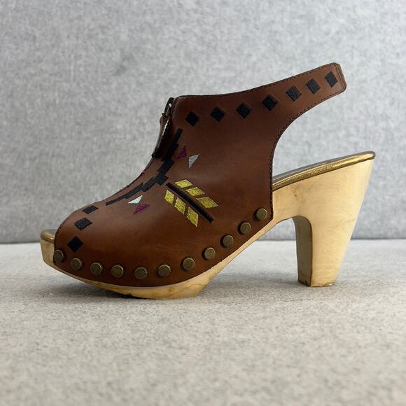 Cynthia Vincent Aztec Leather Platform Clog Sandal-Brown -Wood Heel-Women Size 8 - Picture 2 of 11